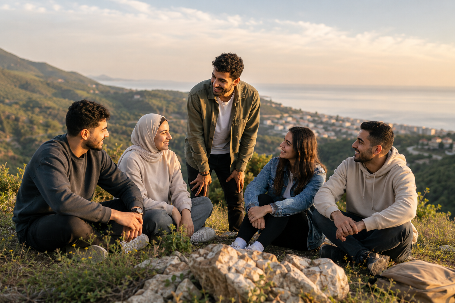 Young adults sitting together outdoors in conversation.